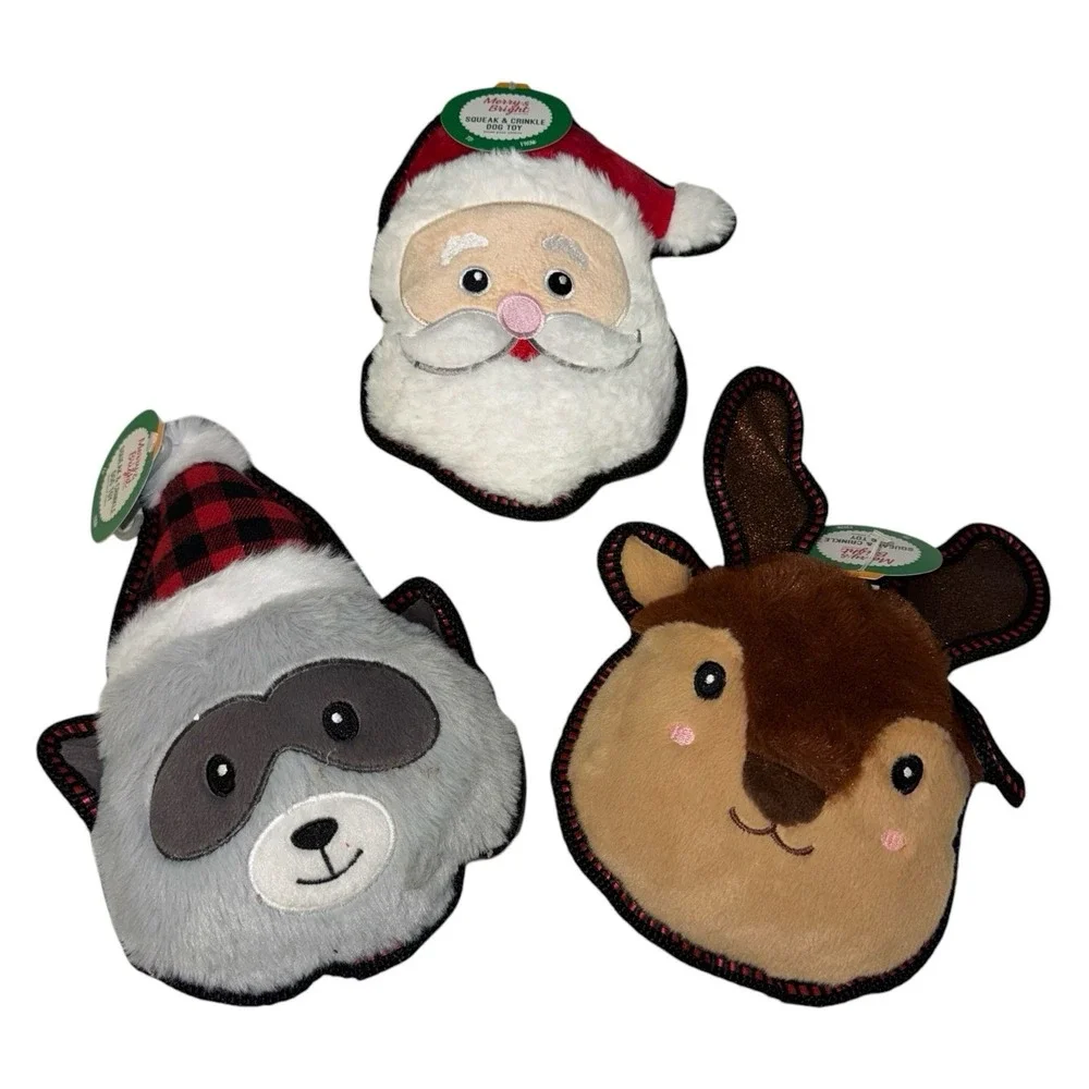 Lot Of 3 Merry & Bright Crinkle Santa Raccoon Reindeer Squeaker Dog Toy/57b‎